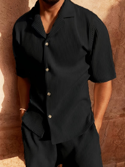 2 Peças Conjunto Casual Masculino de Verão, Camisa Manga Curta com Calça de Cordão e Tecido Não Elástico, Corte Regular para Uso Diário e Praia, Cor Sólida