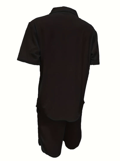 2 Peças Conjunto Casual Masculino de Verão, Camisa Manga Curta com Calça de Cordão e Tecido Não Elástico, Corte Regular para Uso Diário e Praia, Cor Sólida